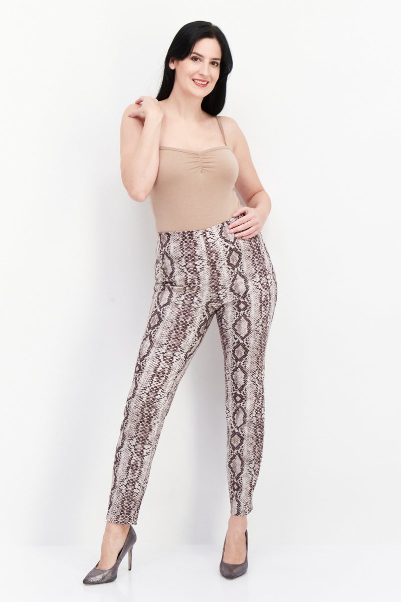 Women Regular Fit Animal Print Pants, Brown