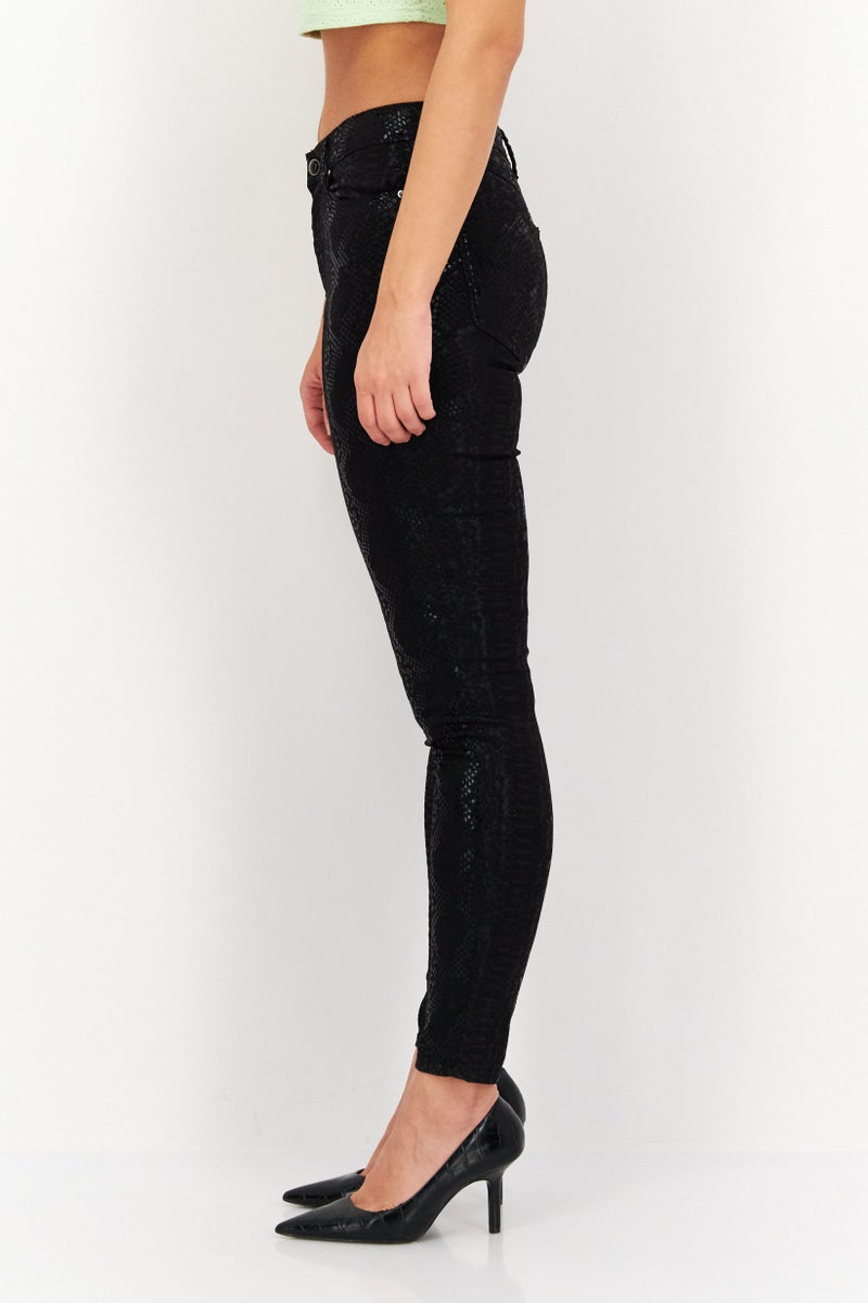 Women Skinny Fit Snakeskin Five Pocket Pants, Black