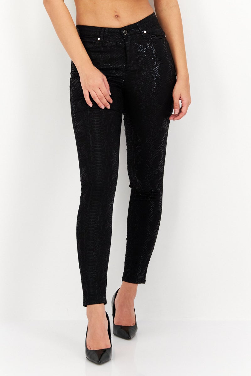 Women Skinny Fit Snakeskin Five Pocket Pants, Black