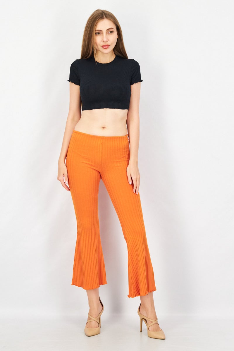 Women Wide Leg Textured Pull On Pants, Orange