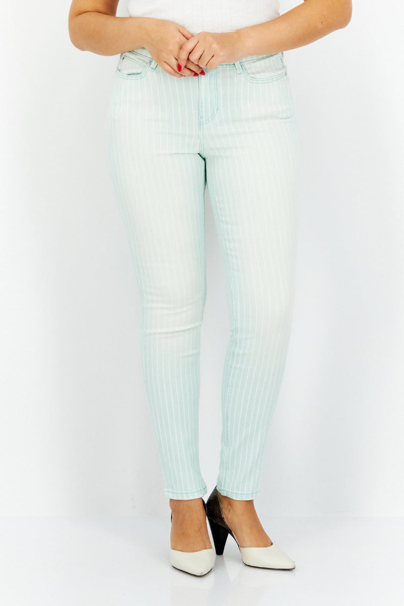 Women Skinny Fit Stipes Pants, Turquoise