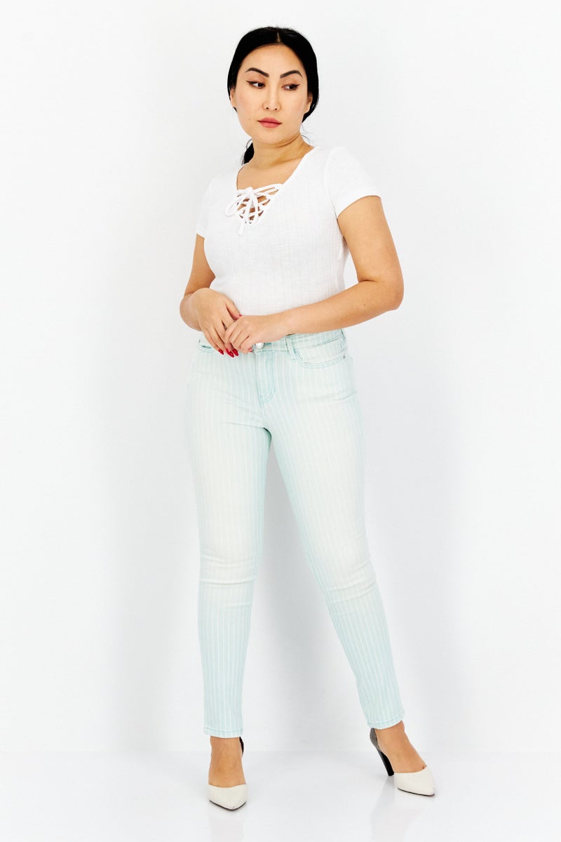 Women Skinny Fit Stipes Pants, Turquoise