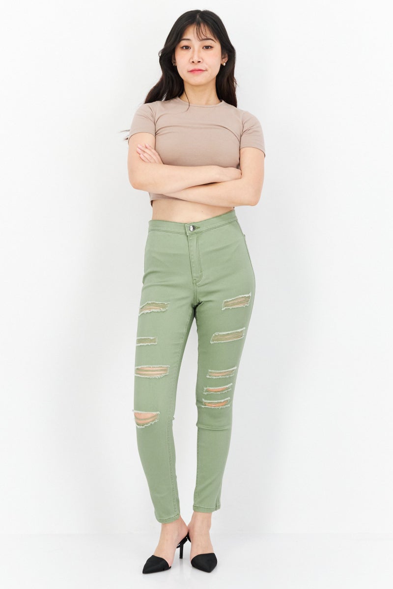 Women Skinny Fit Ripped Straight Pants, Sage Green