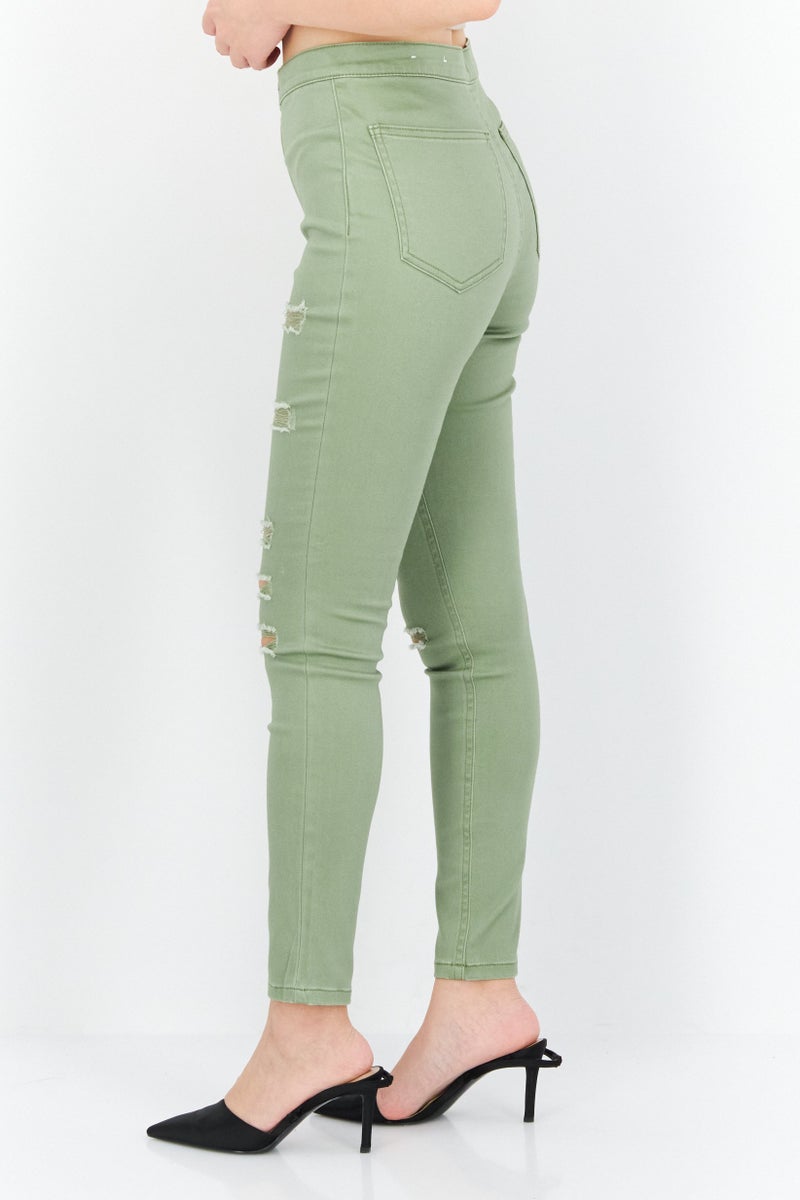 Women Skinny Fit Ripped Straight Pants, Sage Green