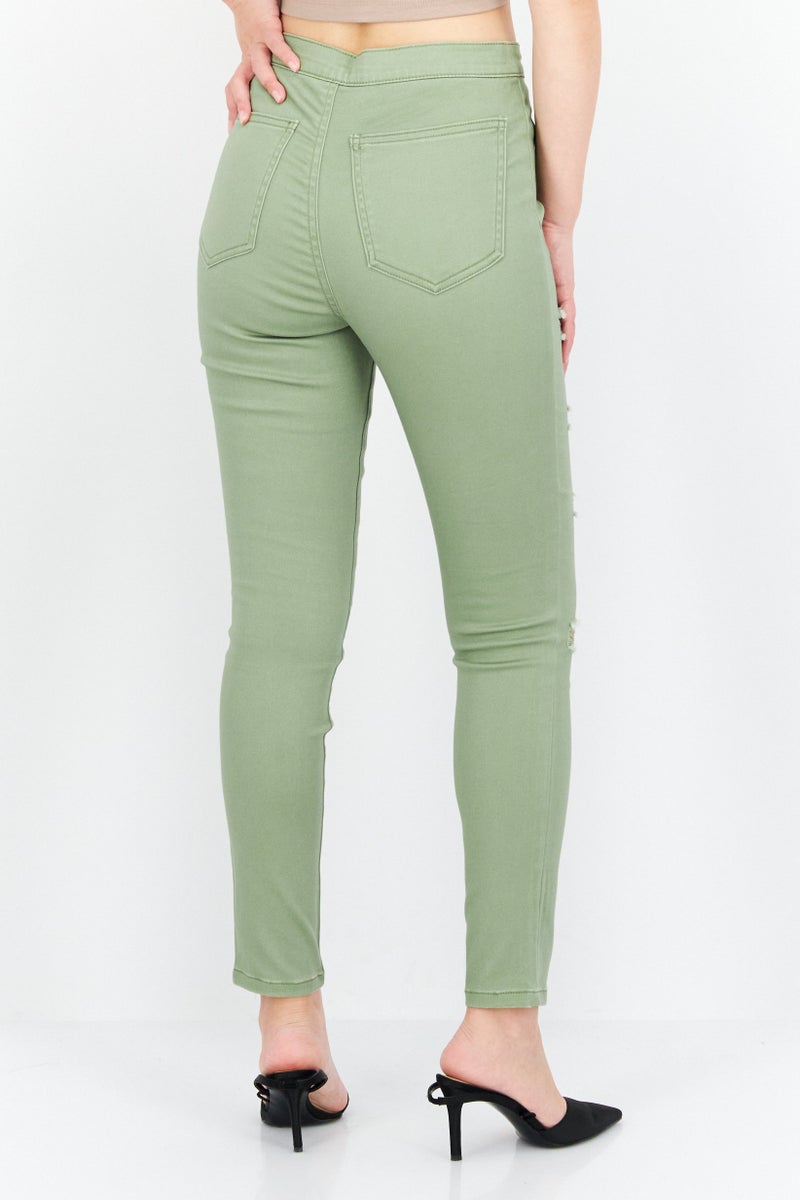 Women Skinny Fit Ripped Straight Pants, Sage Green