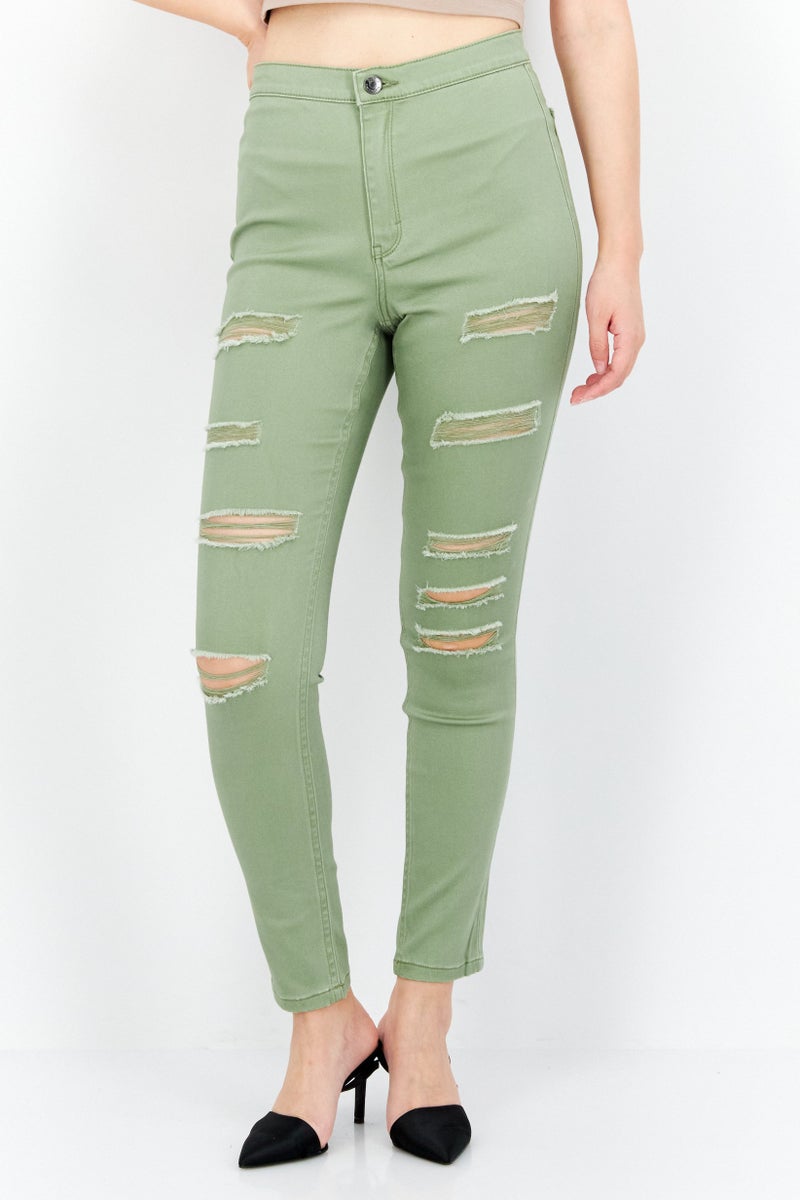 Women Skinny Fit Ripped Straight Pants, Sage Green