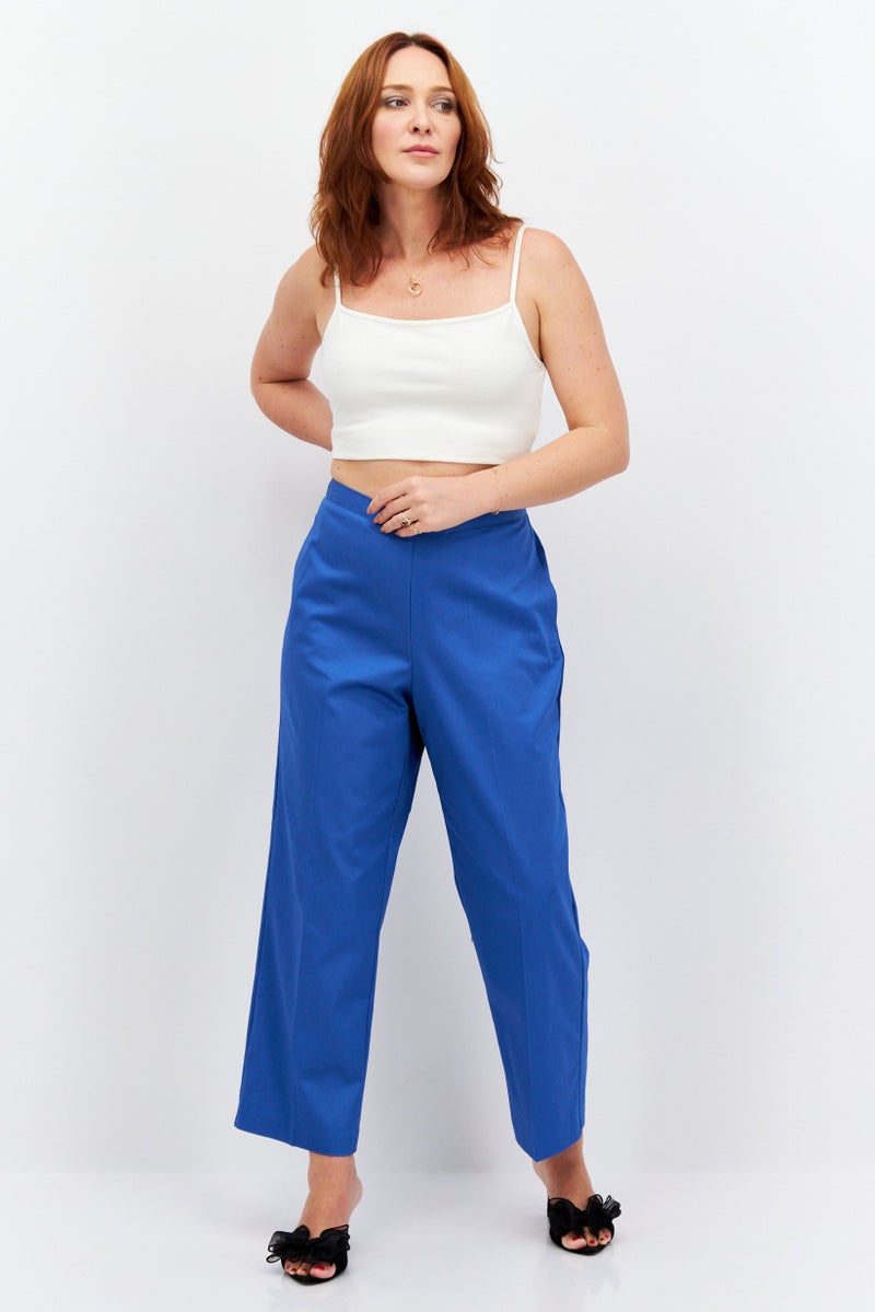 Women Classic Fit Plain Straight Pants, Blue
