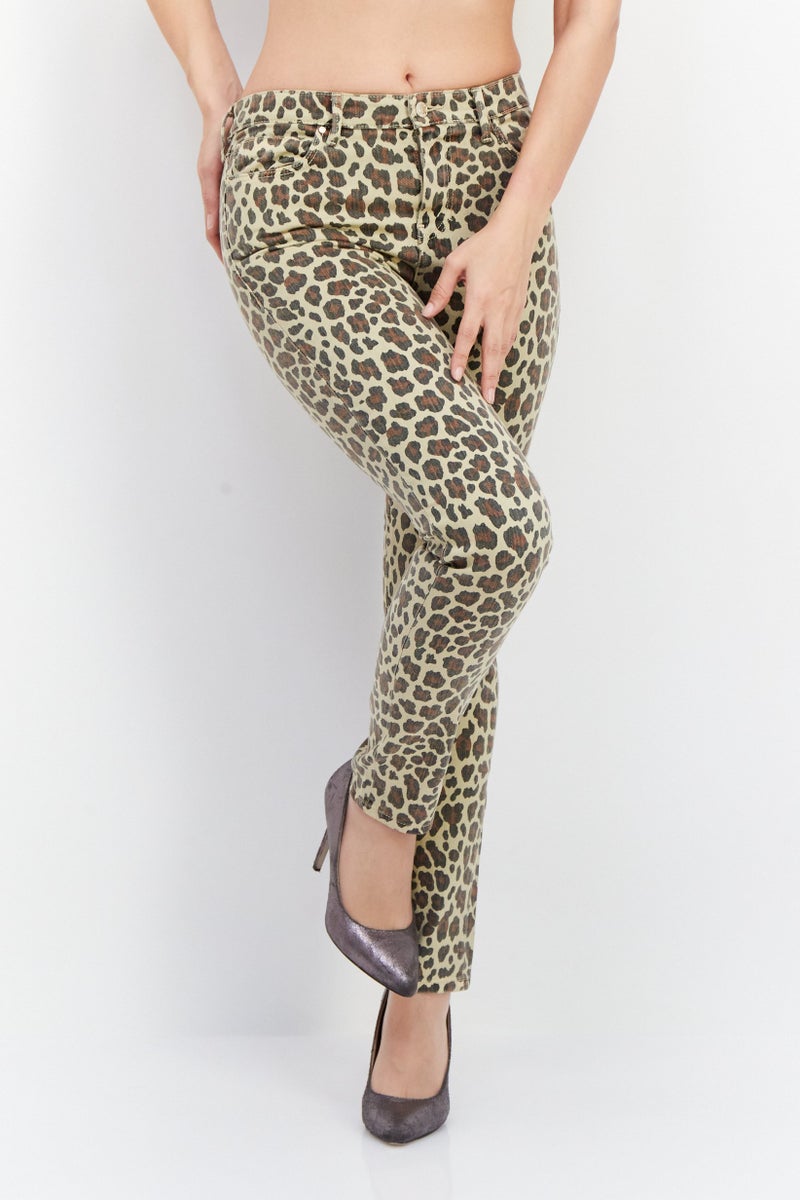 Women Regular Fit Animal Print Skinny Pants, Beige Combo