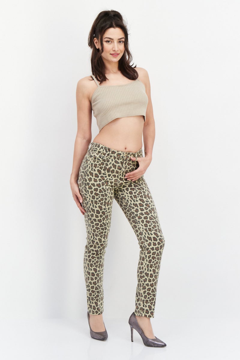 Women Regular Fit Animal Print Skinny Pants, Beige Combo