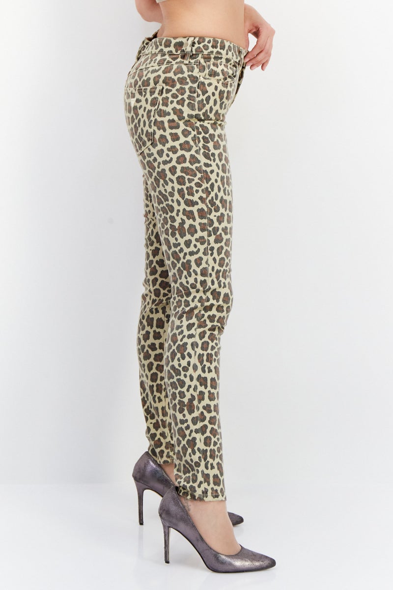 Women Regular Fit Animal Print Skinny Pants, Beige Combo