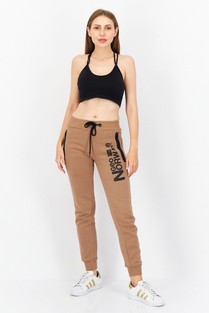 Women Drawstring Brand Logo Jogger Pants, Taupe