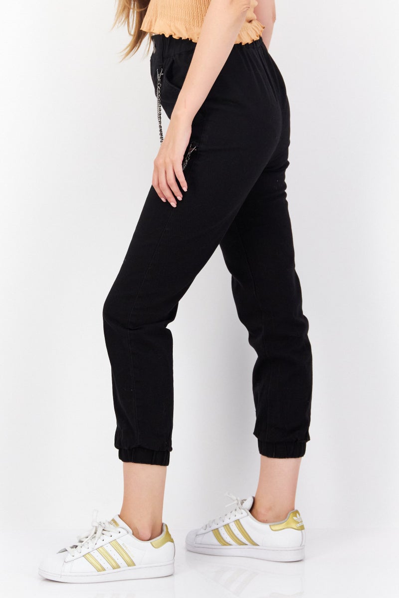 Women Regular Fit Plain With Metal Chain Jogger Pants, Black