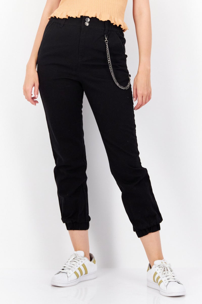 Women Regular Fit Plain With Metal Chain Jogger Pants, Black