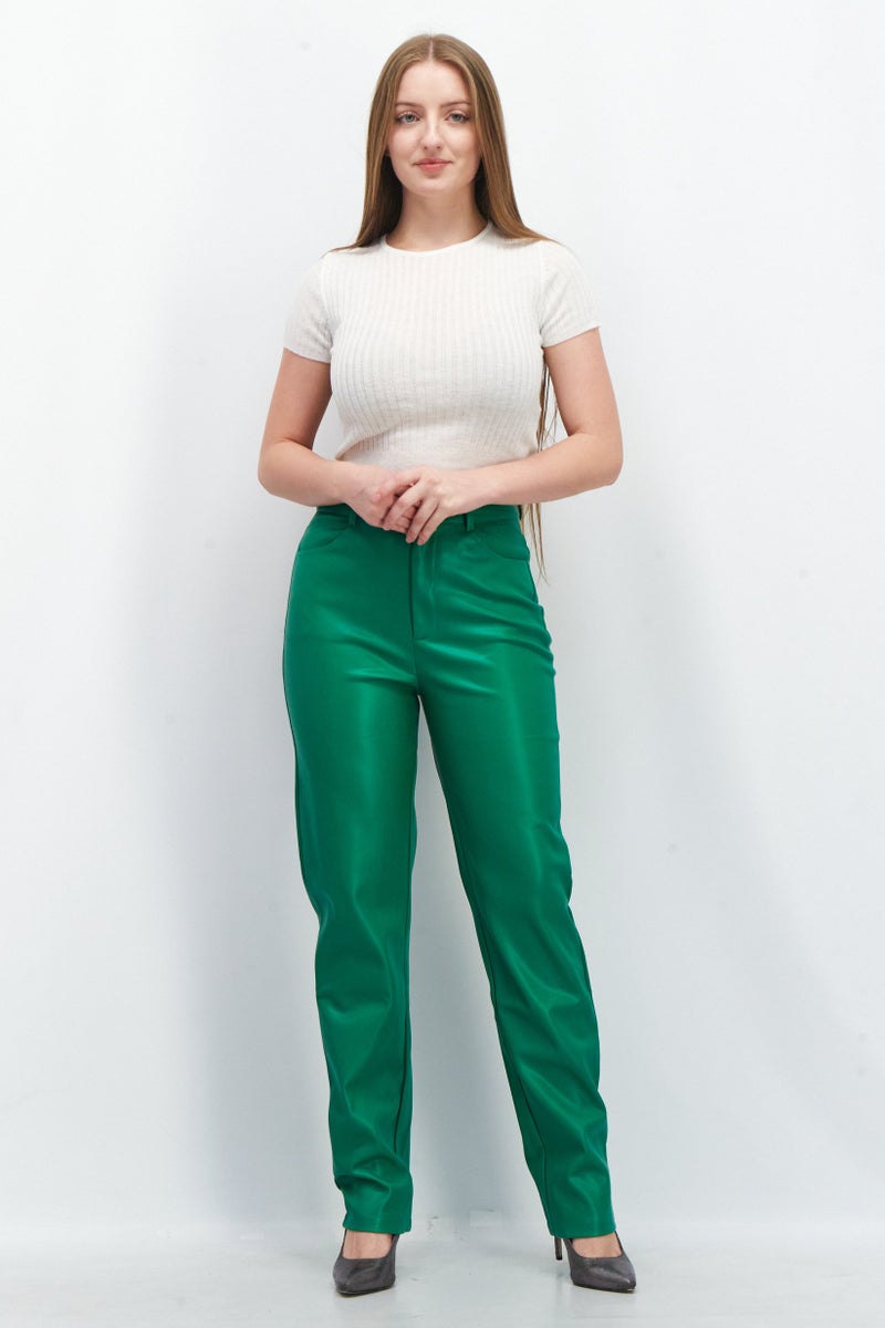 Women Regular Fit Plain Pants, Green