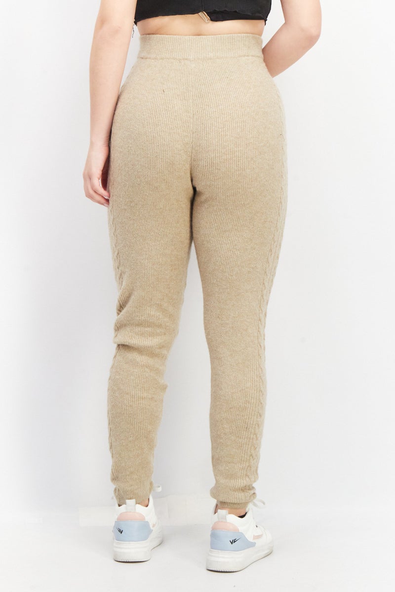 Women Regular Fit Cable Knit Stretchable Pants, Beige
