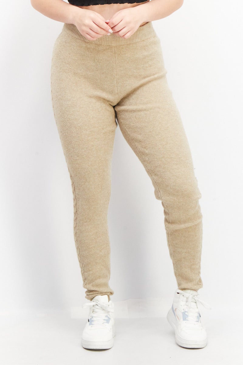 Women Regular Fit Cable Knit Stretchable Pants, Beige