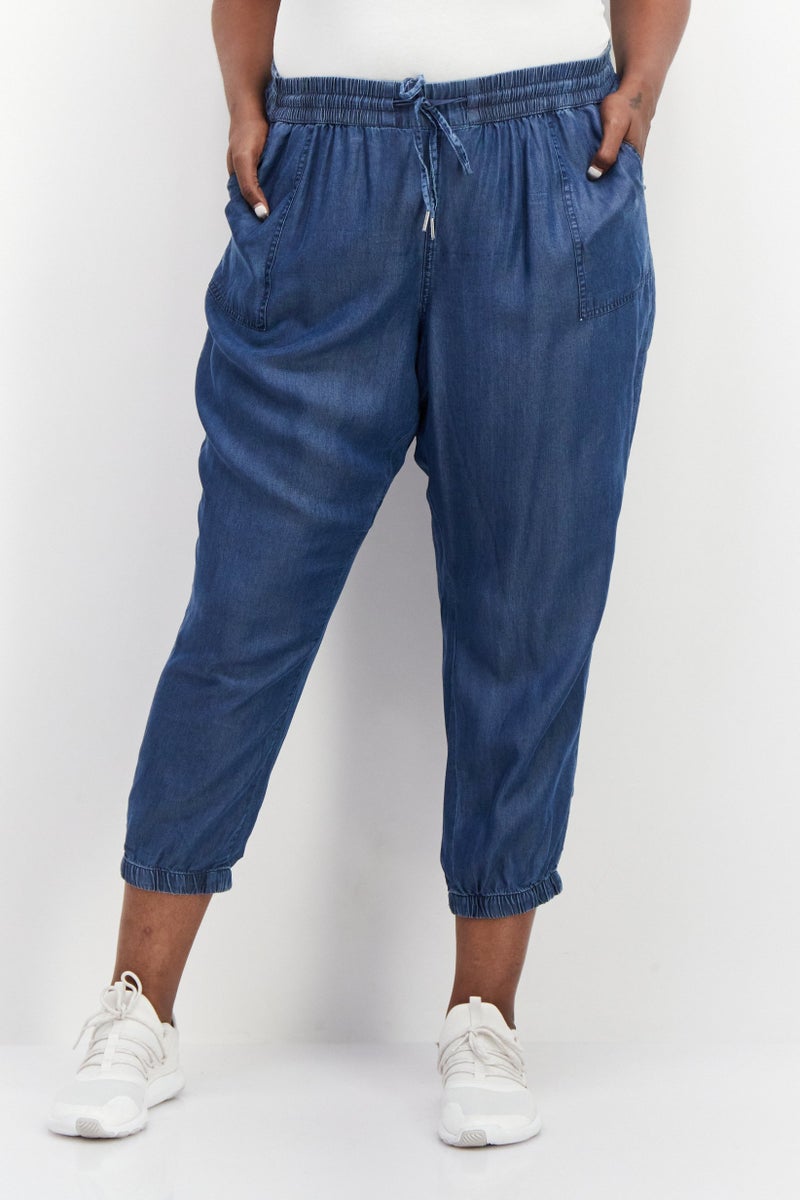 Women Plus Size Wash Tapered Pants, Blue