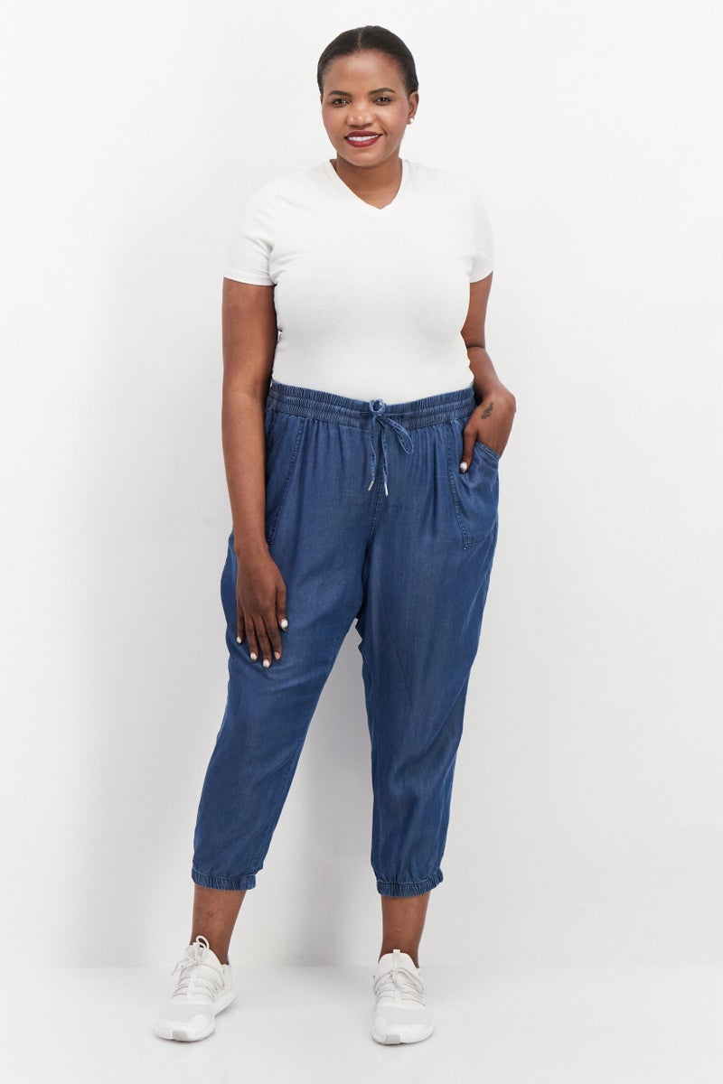 Women Plus Size Wash Tapered Pants, Blue