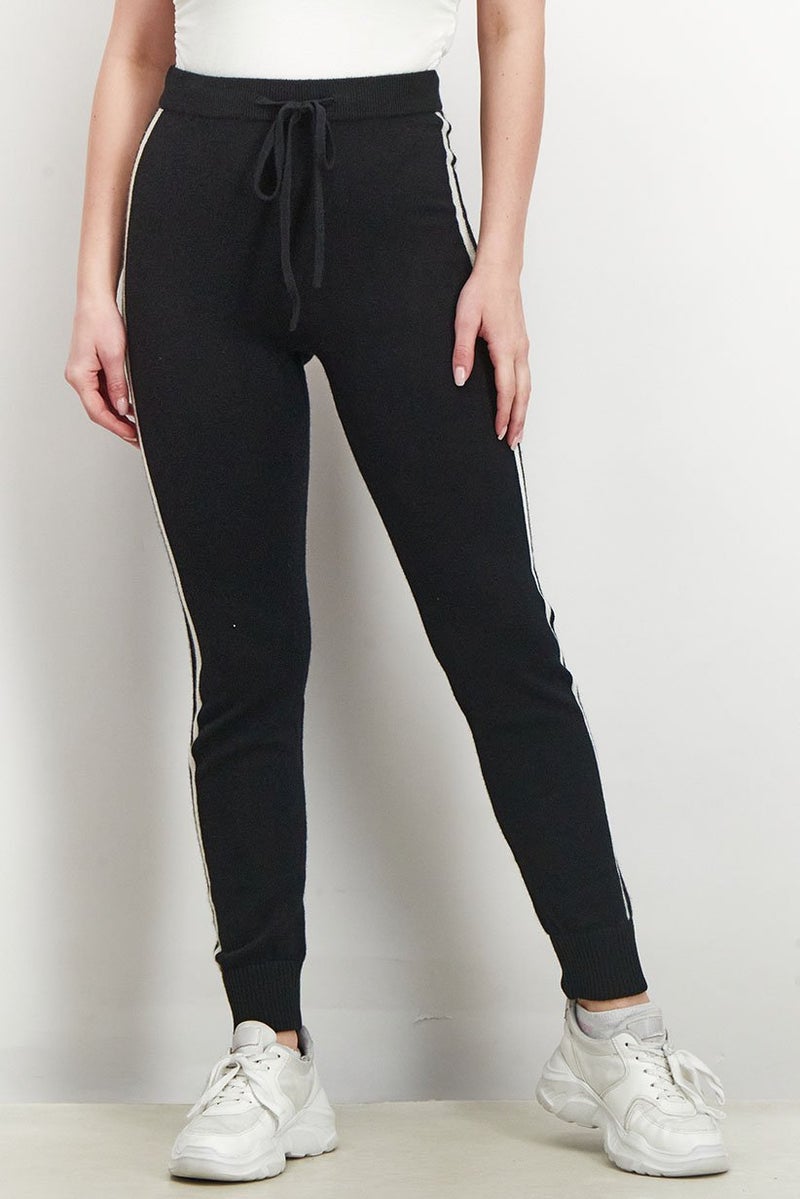 Women Stretch Knitted Drawstring Pants, Black and White
