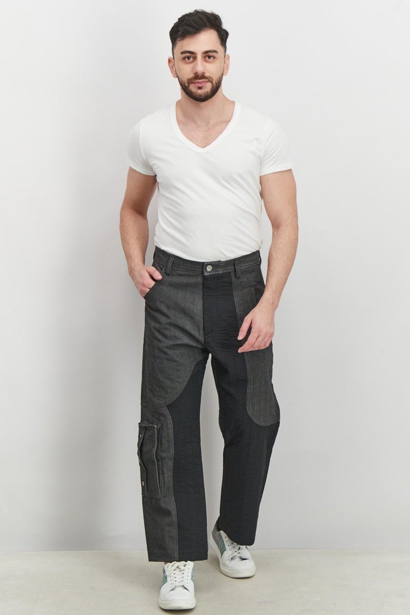 Men Straight Fit Two Tone Cargo Pants, Grey/Black