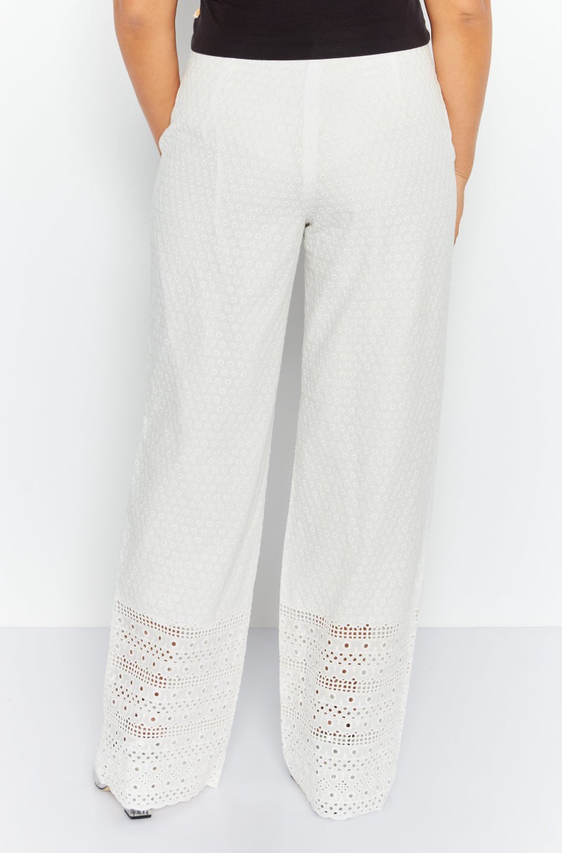 Women Embroidered Straight Pants, White