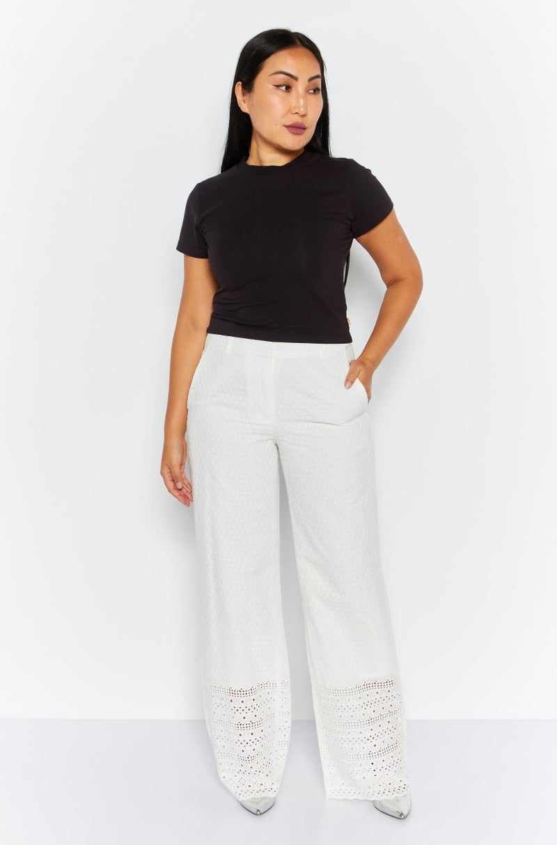 Women Embroidered Straight Pants, White