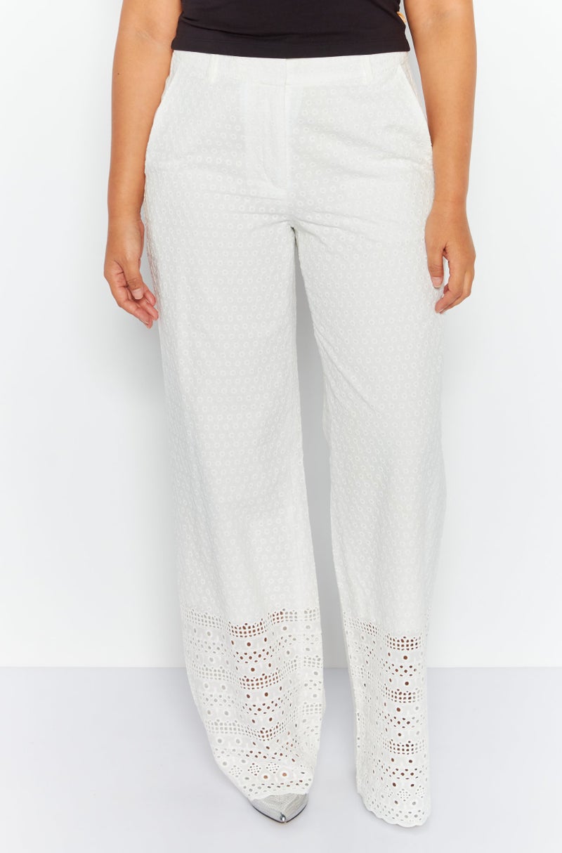 Women Embroidered Straight Pants, White