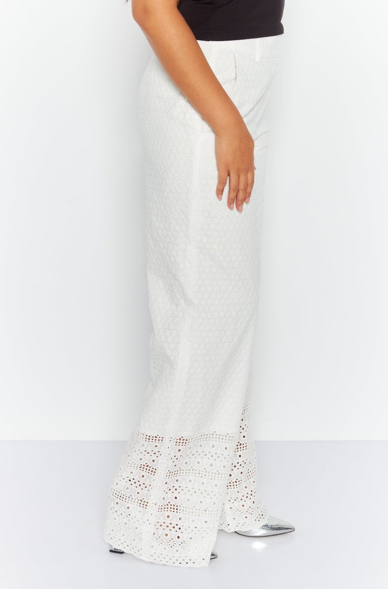 Women Embroidered Straight Pants, White