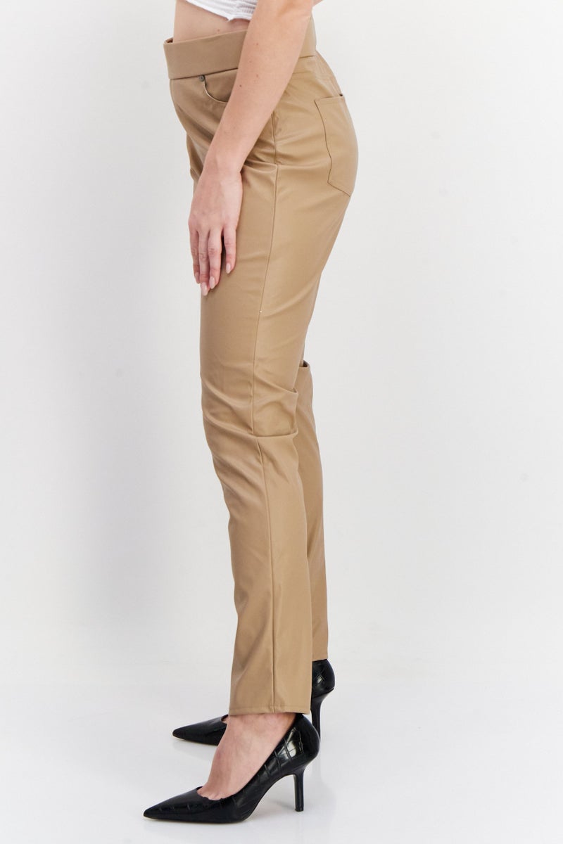 Women Regular Fit Plain Leather Pants, Beige