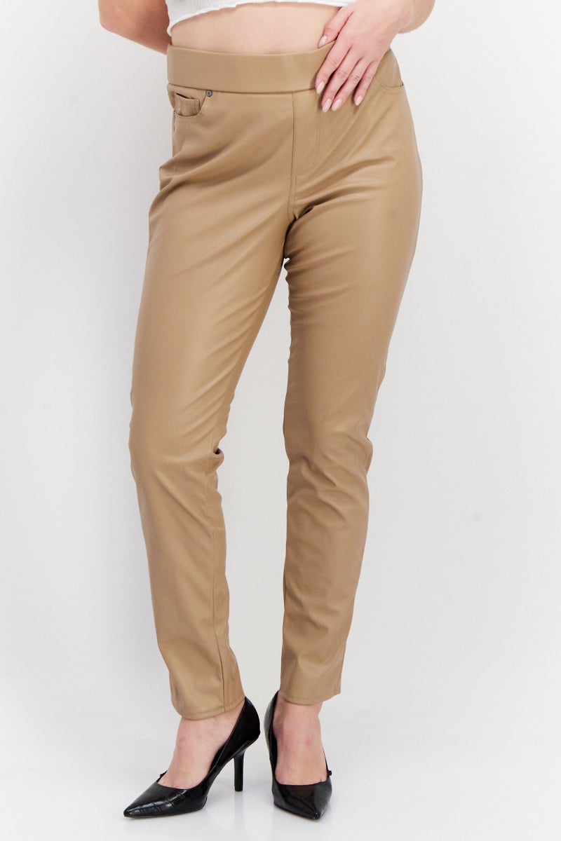 Women Regular Fit Plain Leather Pants, Beige
