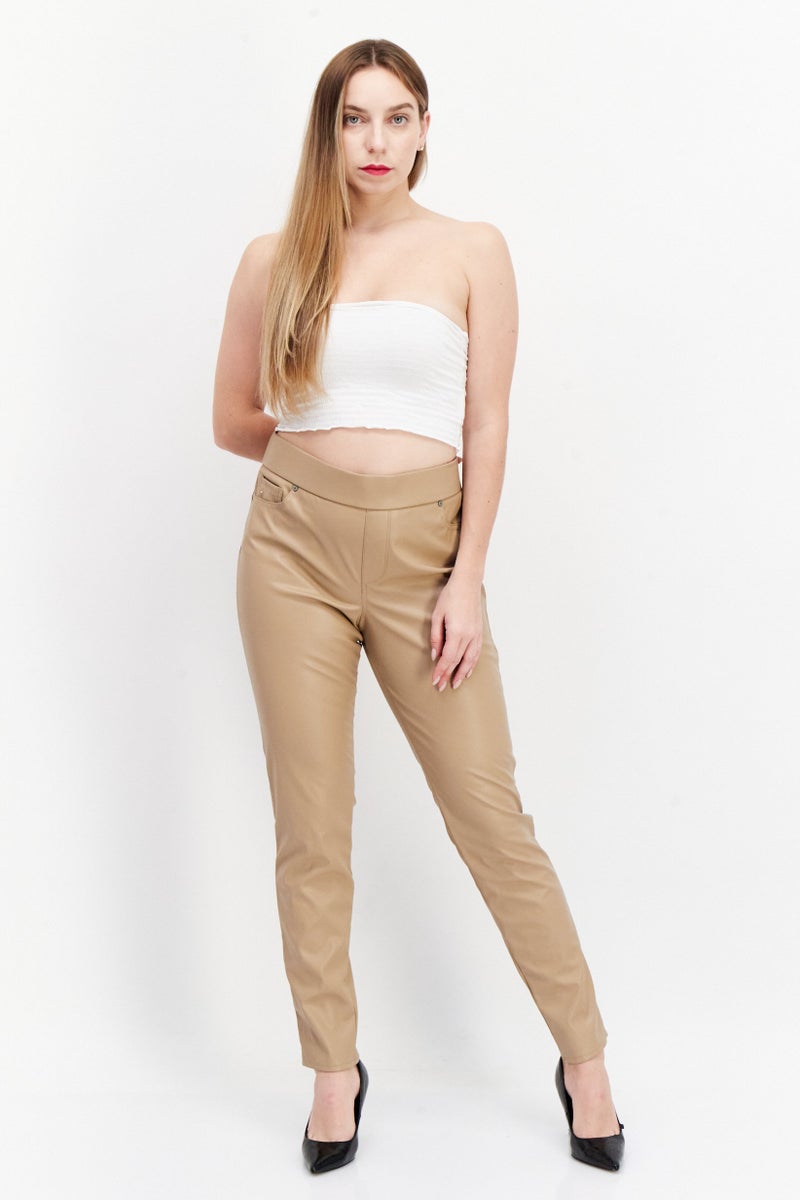 Women Regular Fit Plain Leather Pants, Beige