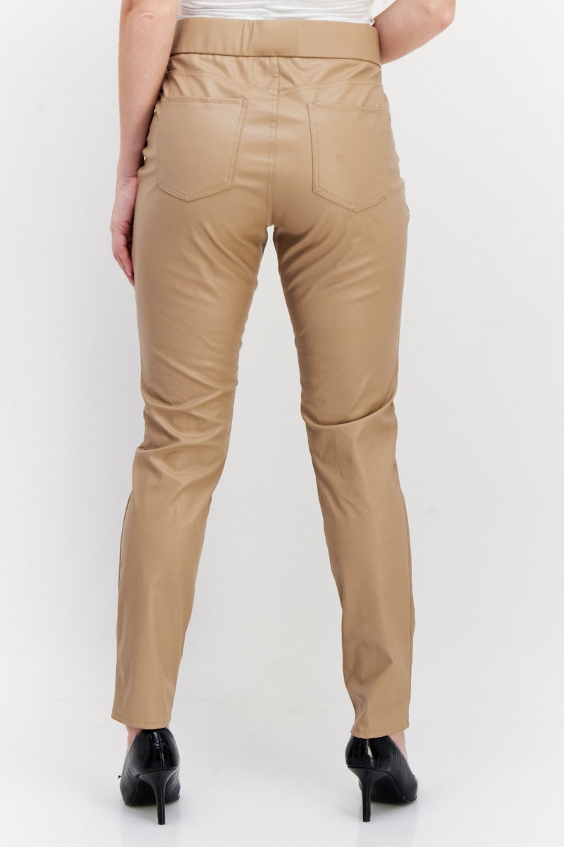 Women Regular Fit Plain Leather Pants, Beige