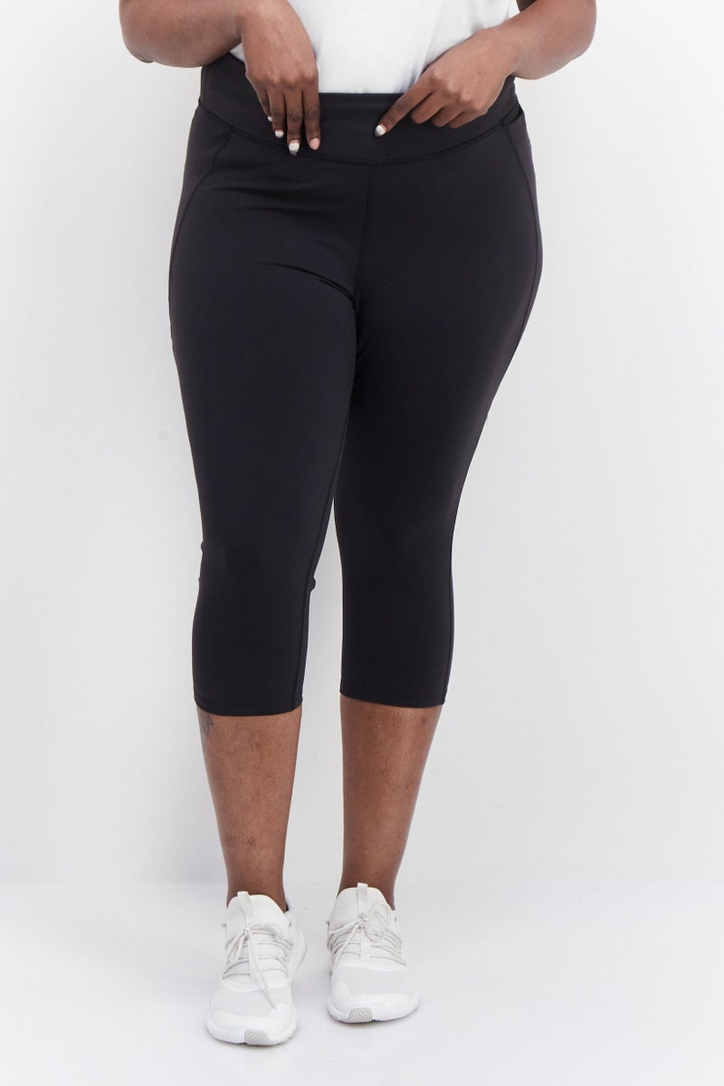 Women Plus Size Fit Plain Training 3/4 Tights, Black