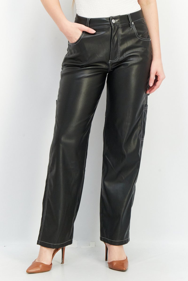 Women Regular Fit Plain Leather Pants, Black