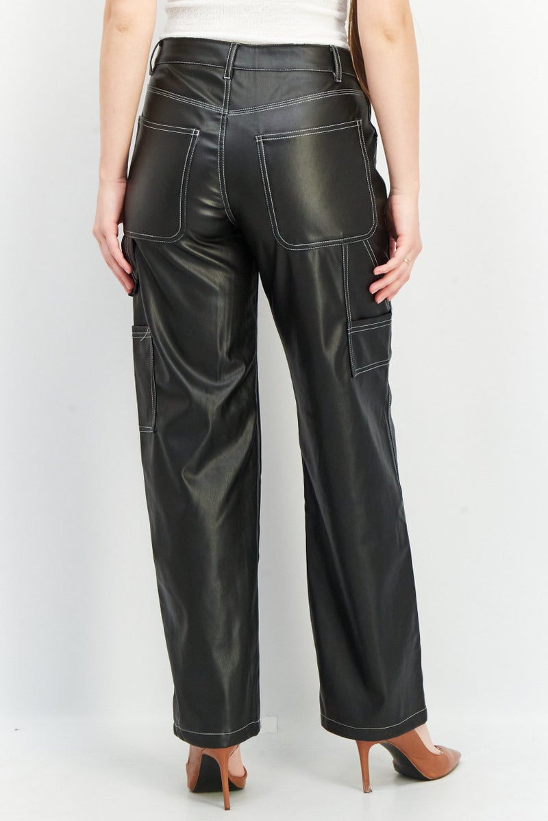 Women Regular Fit Plain Leather Pants, Black