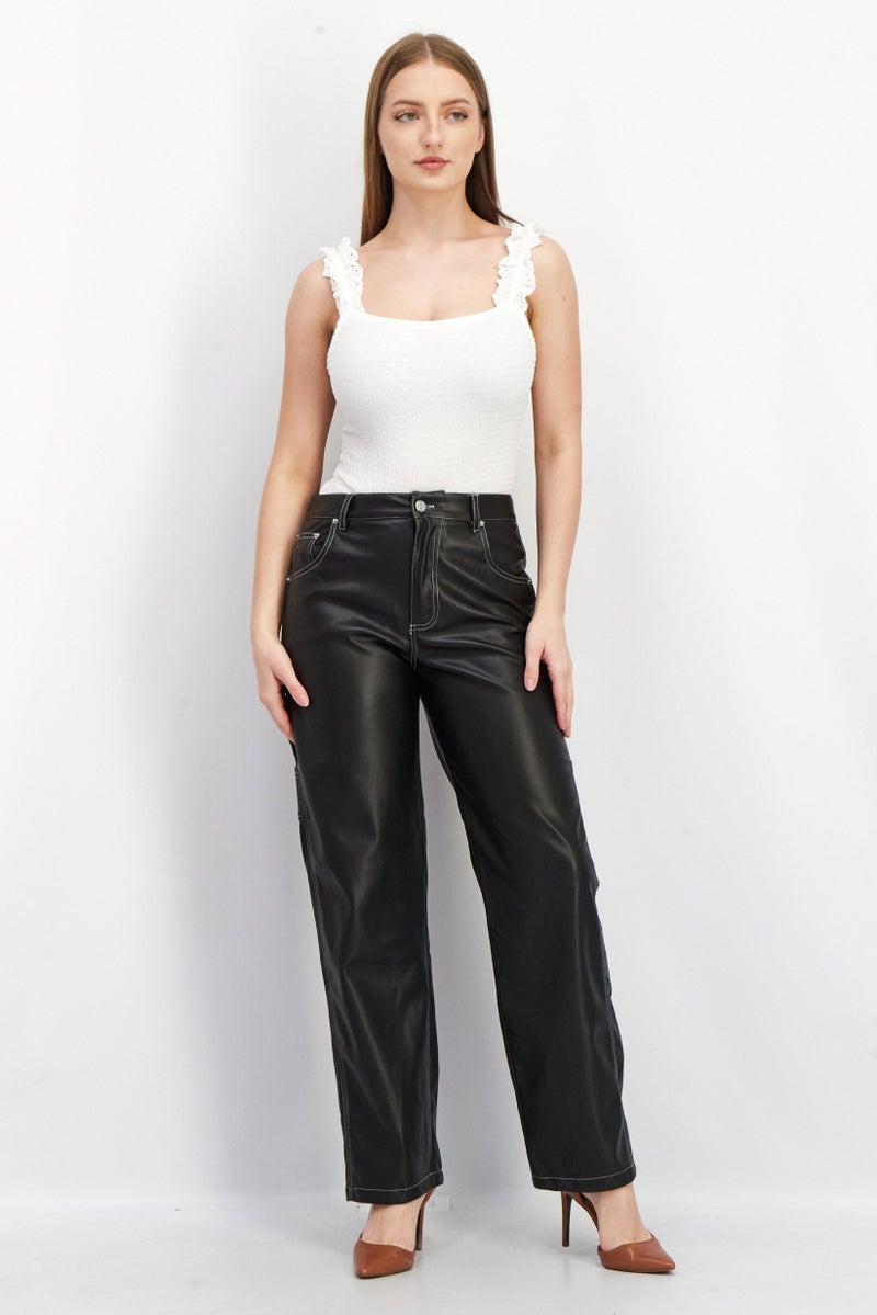 Women Regular Fit Plain Leather Pants, Black