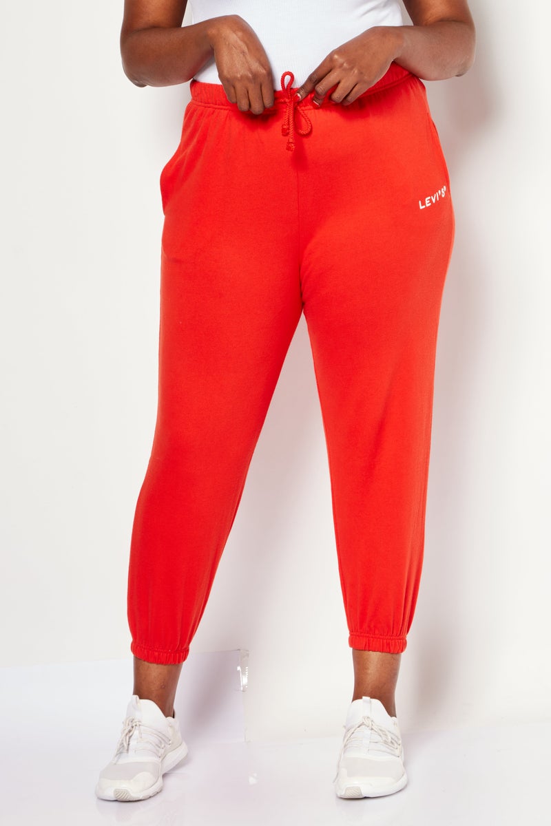Women Plus Size Plain Drawstring Sweatpants, Red Orange