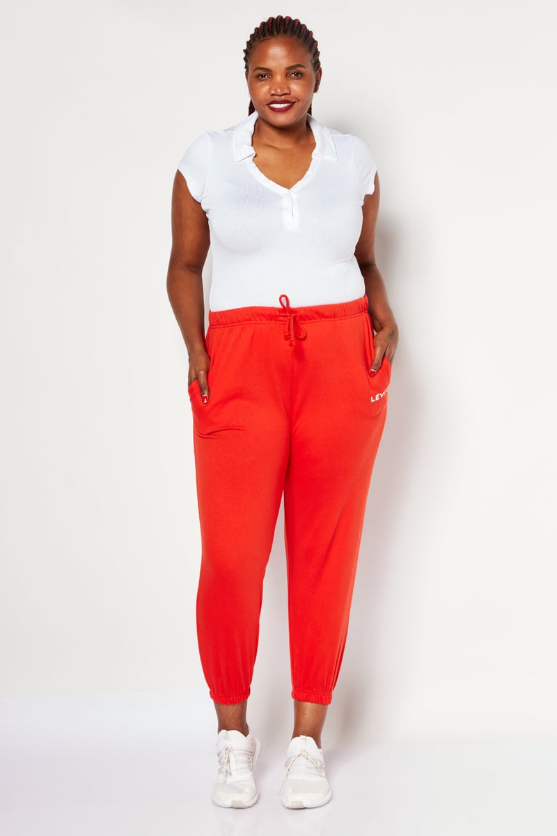 Women Plus Size Plain Drawstring Sweatpants, Red Orange