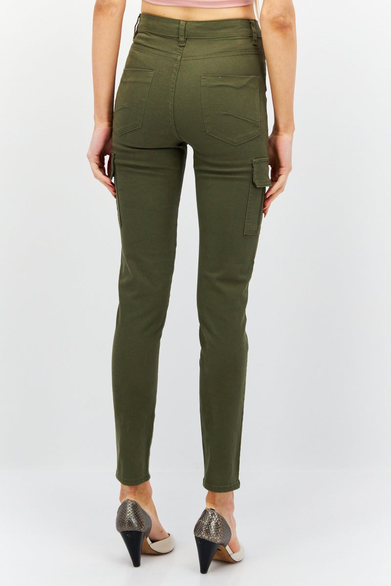 Women Regular Fit Solid Skinny Leg Cargo Pant, Khaki Green