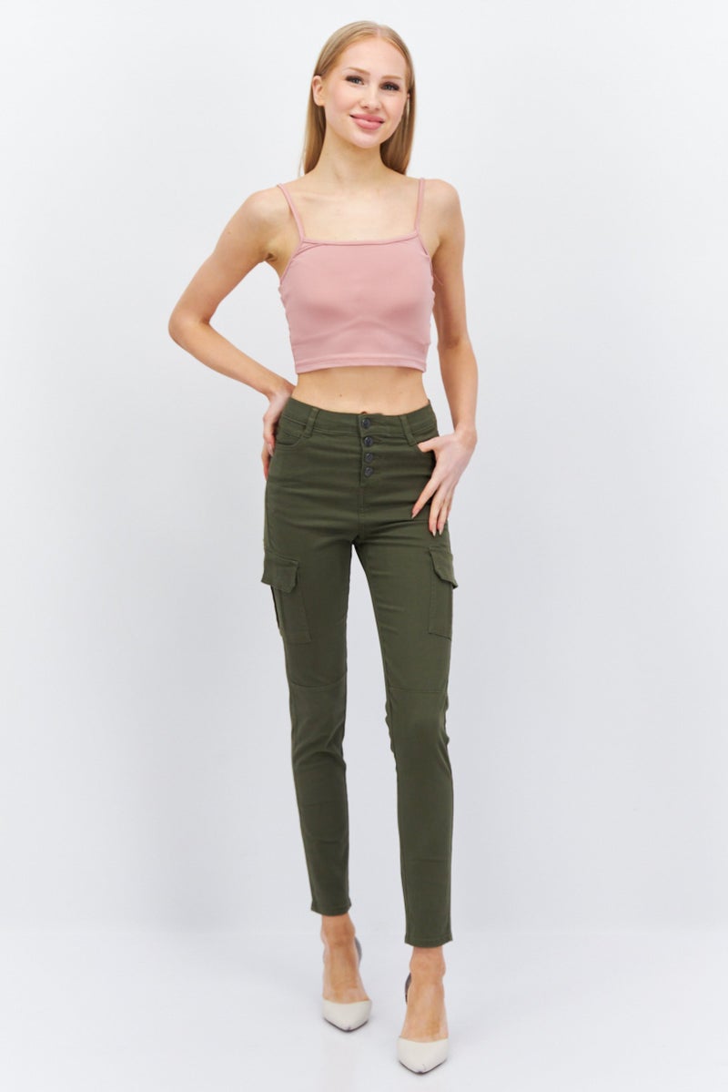 Women Regular Fit Solid Skinny Leg Cargo Pant, Khaki Green