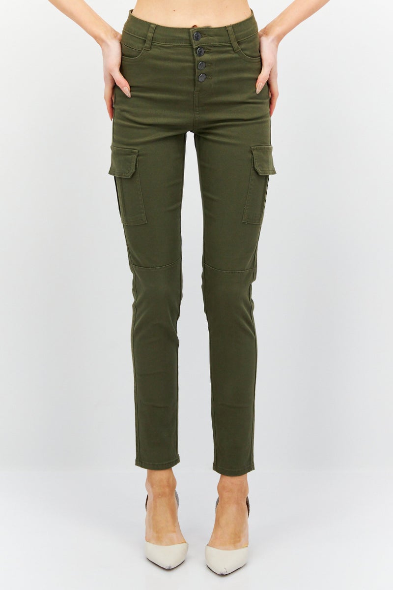 Women Regular Fit Solid Skinny Leg Cargo Pant, Khaki Green