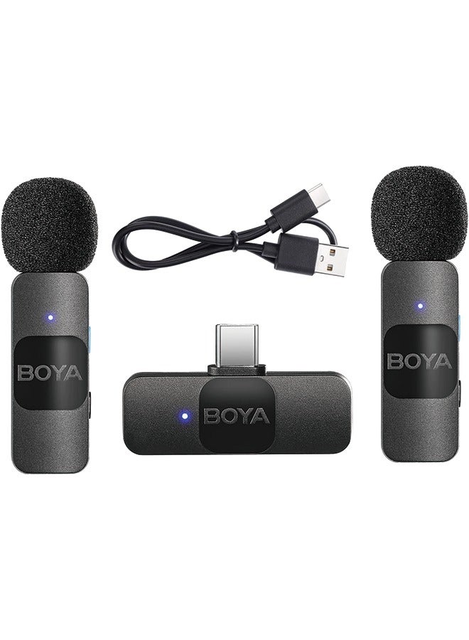 BOYA BY-V20 One-Trigger-Two 2.4G Wireless Microphone System Omnidirectional Mini Lapel Mic Auto Pairing Smart Noise Reduction 50M Transmission Range Replacement for Huawei Samsung Type-C Android