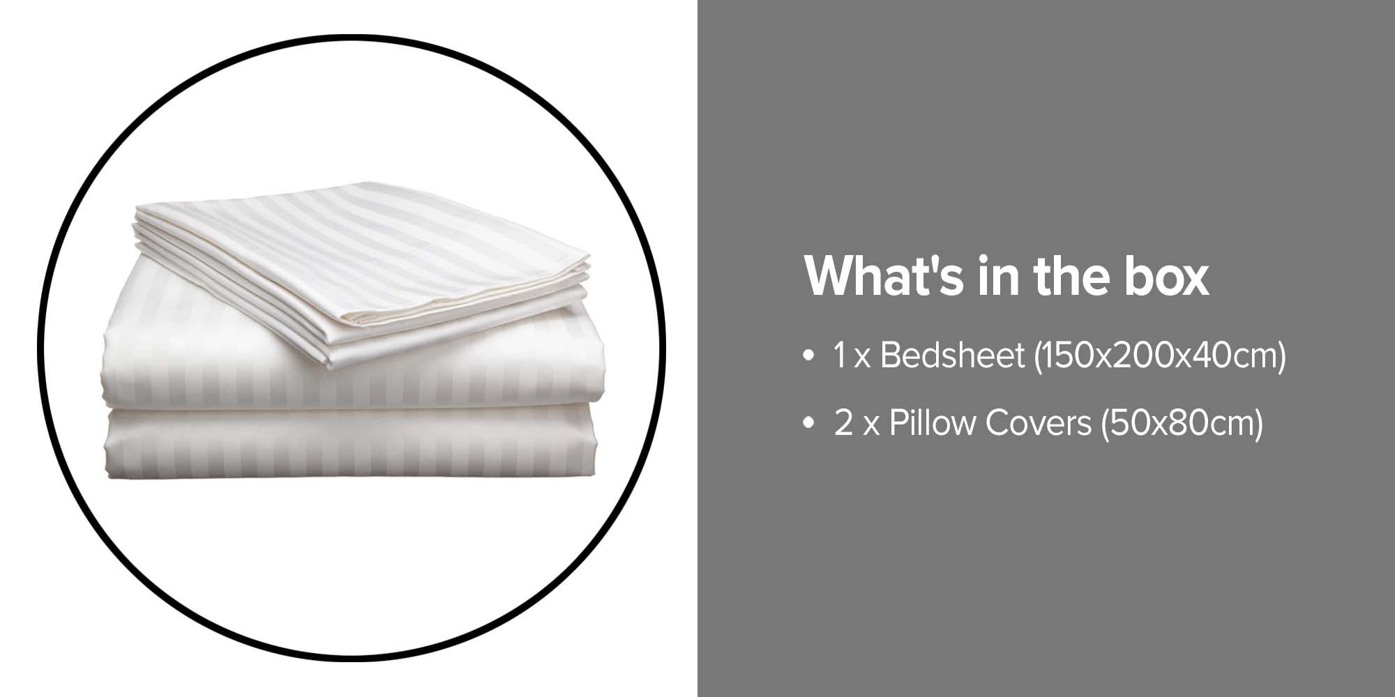 3-Piece 210 Thread Count Long-lasting and Luxuriously Soft  Sateen Wrinkles Free Striped Queen Size Bedsheet With Pillow Cover Set Includes 2xPillow Cover 50x80 cm, 1xBed Sheet Cotton White 150x200x40cm
