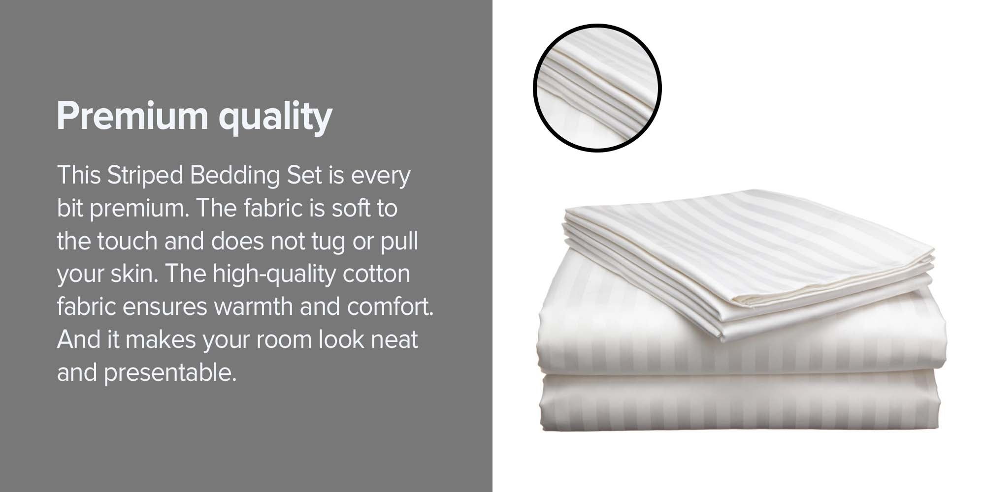 3-Piece 210 Thread Count Long-lasting and Luxuriously Soft  Sateen Wrinkles Free Striped Queen Size Bedsheet With Pillow Cover Set Includes 2xPillow Cover 50x80 cm, 1xBed Sheet Cotton White 150x200x40cm