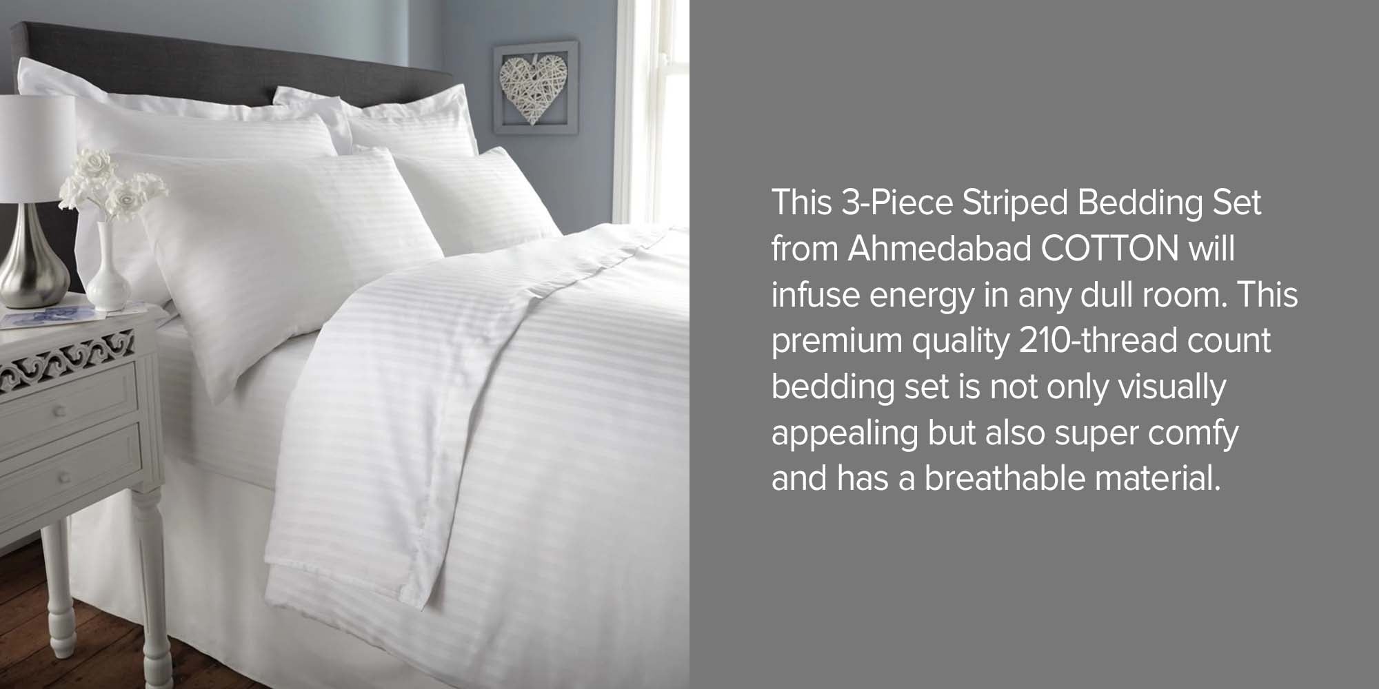 3-Piece 210 Thread Count Long-lasting and Luxuriously Soft  Sateen Wrinkles Free Striped Queen Size Bedsheet With Pillow Cover Set Includes 2xPillow Cover 50x80 cm, 1xBed Sheet Cotton White 150x200x40cm