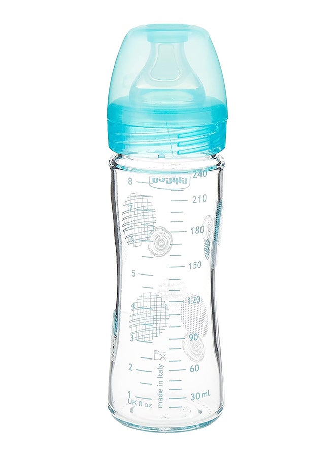 Well-Being Glass Bottle 240Ml Slow Flow 0M+ Silicone, Blue