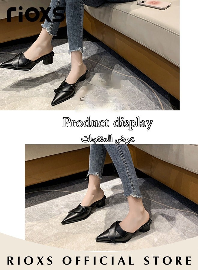 Women's Mules Closed Pointed Toe Strapless Backless Sandals Fashion Chunky Heel Slippers For Work And Party