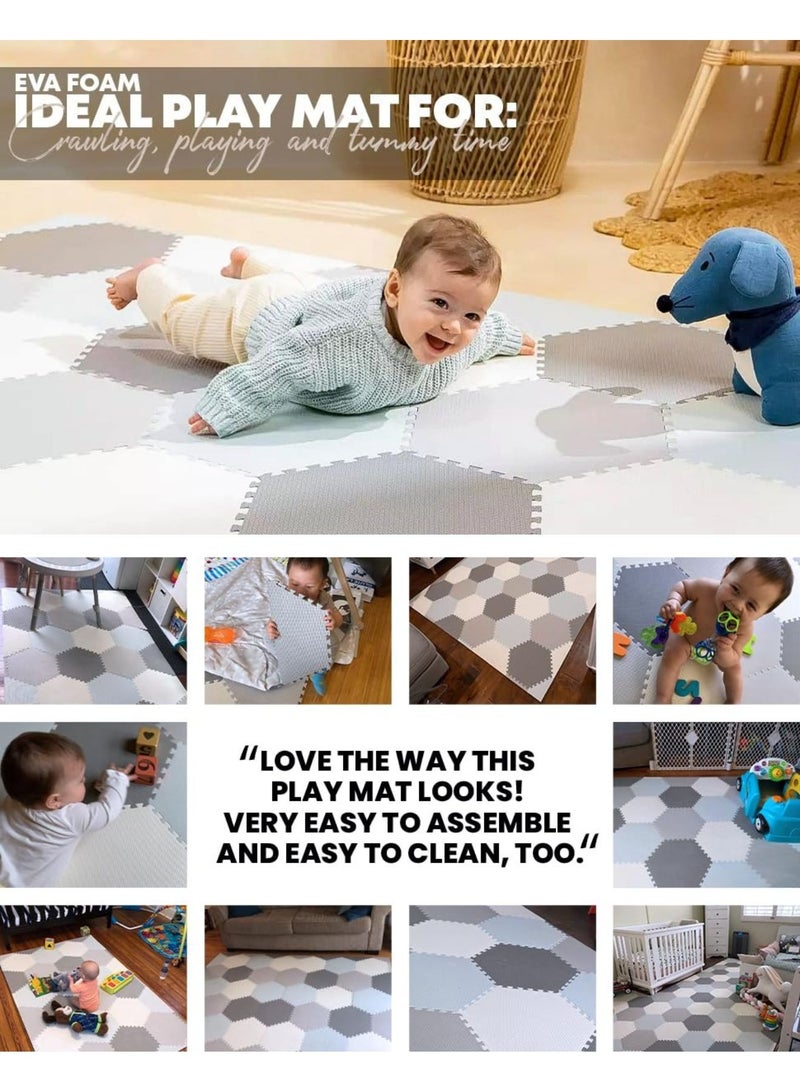 Baby Play Mat Non-Toxic Extra Thick Puzzle Exercise Mats  for Crawling, Playing- Soft EVA Interlocking Hexagon 38 Tiles Foam Flooring for Babies, Grey & White 180x120cm