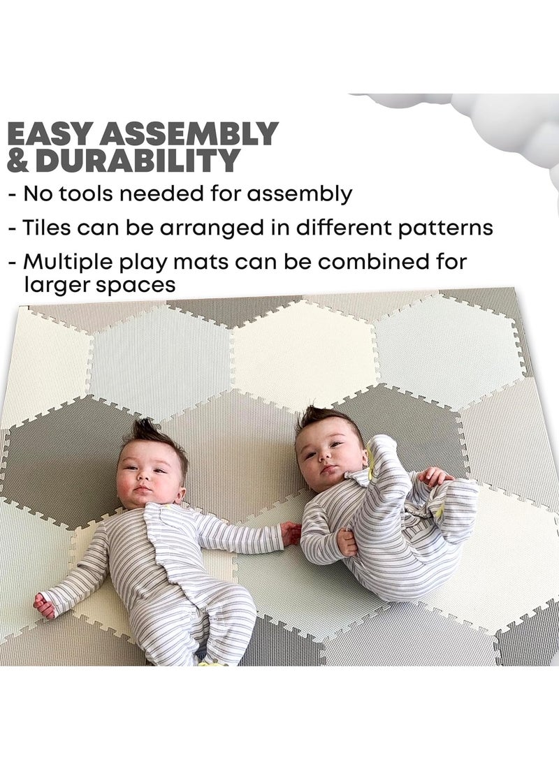 Baby Play Mat Non-Toxic Extra Thick Puzzle Exercise Mats  for Crawling, Playing- Soft EVA Interlocking Hexagon 38 Tiles Foam Flooring for Babies, Grey & White 180x120cm