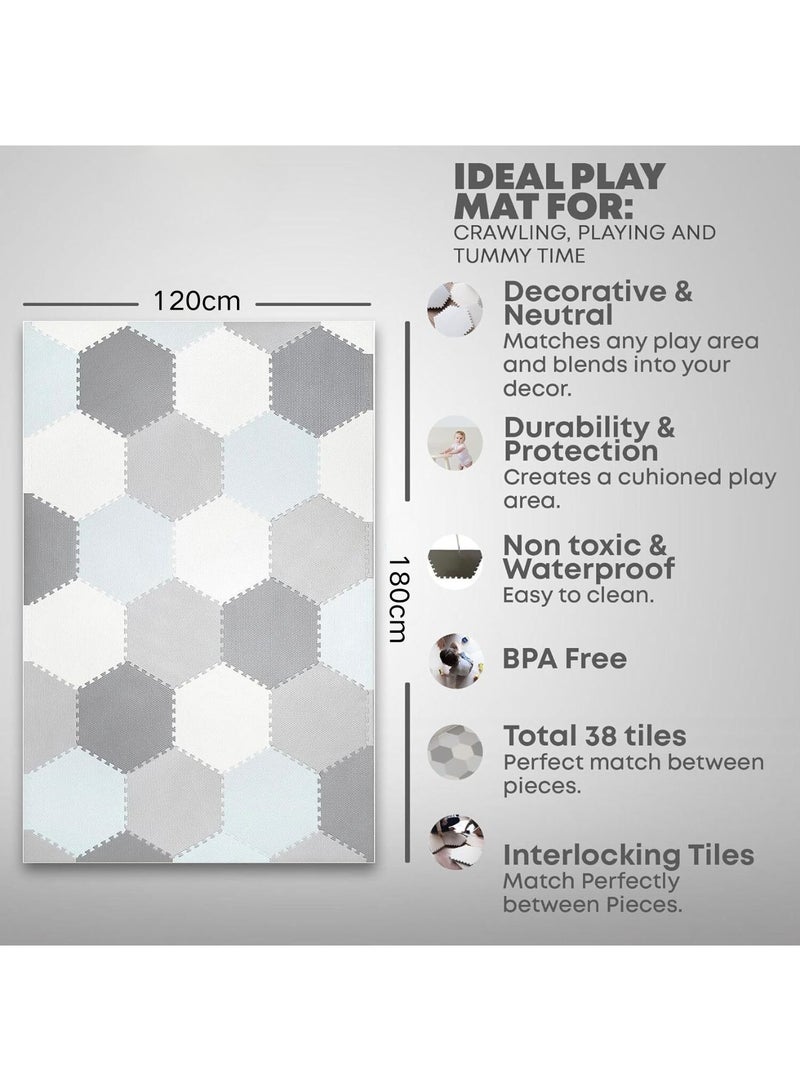 Baby Play Mat Non-Toxic Extra Thick Puzzle Exercise Mats  for Crawling, Playing- Soft EVA Interlocking Hexagon 38 Tiles Foam Flooring for Babies, Grey & White 180x120cm